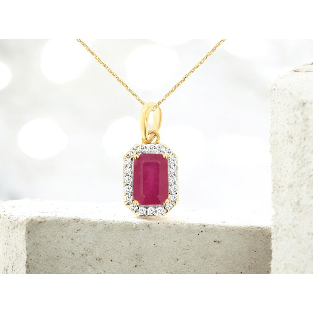 14K Yellow Gold Halo Pendant Necklace with 0.63 Carat Emerald-Cut Ruby and 0.09 Carat Round Diamonds - Royal Jewelry