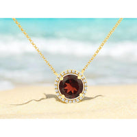 14K Yellow Gold Halo Pendant Necklace with 2.20 Carat Round Garnet and 0.14 Carat Diamond Accents - Royal Jewelry