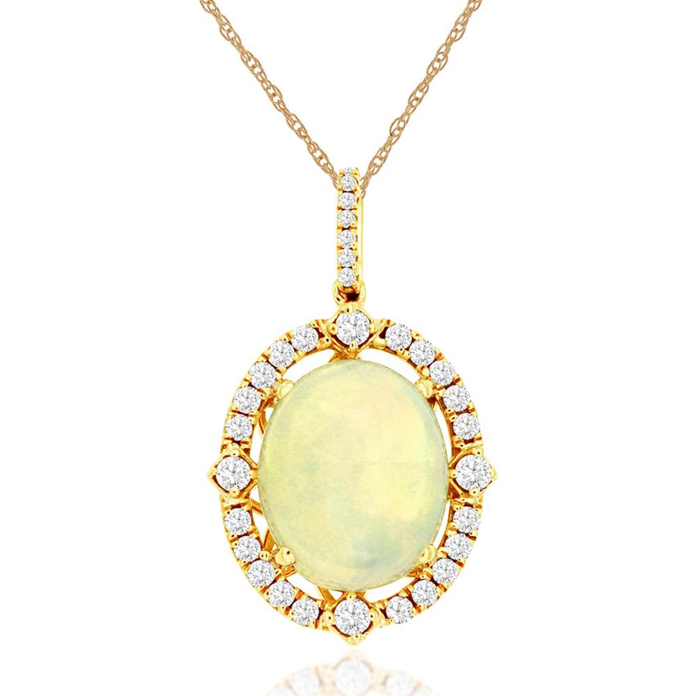 14K Yellow Gold Halo Pendant Necklace with 3.00 Carat Oval Cabochon Opal and 0.38 Carat Total Diamond Accents - Royal Jewelry
