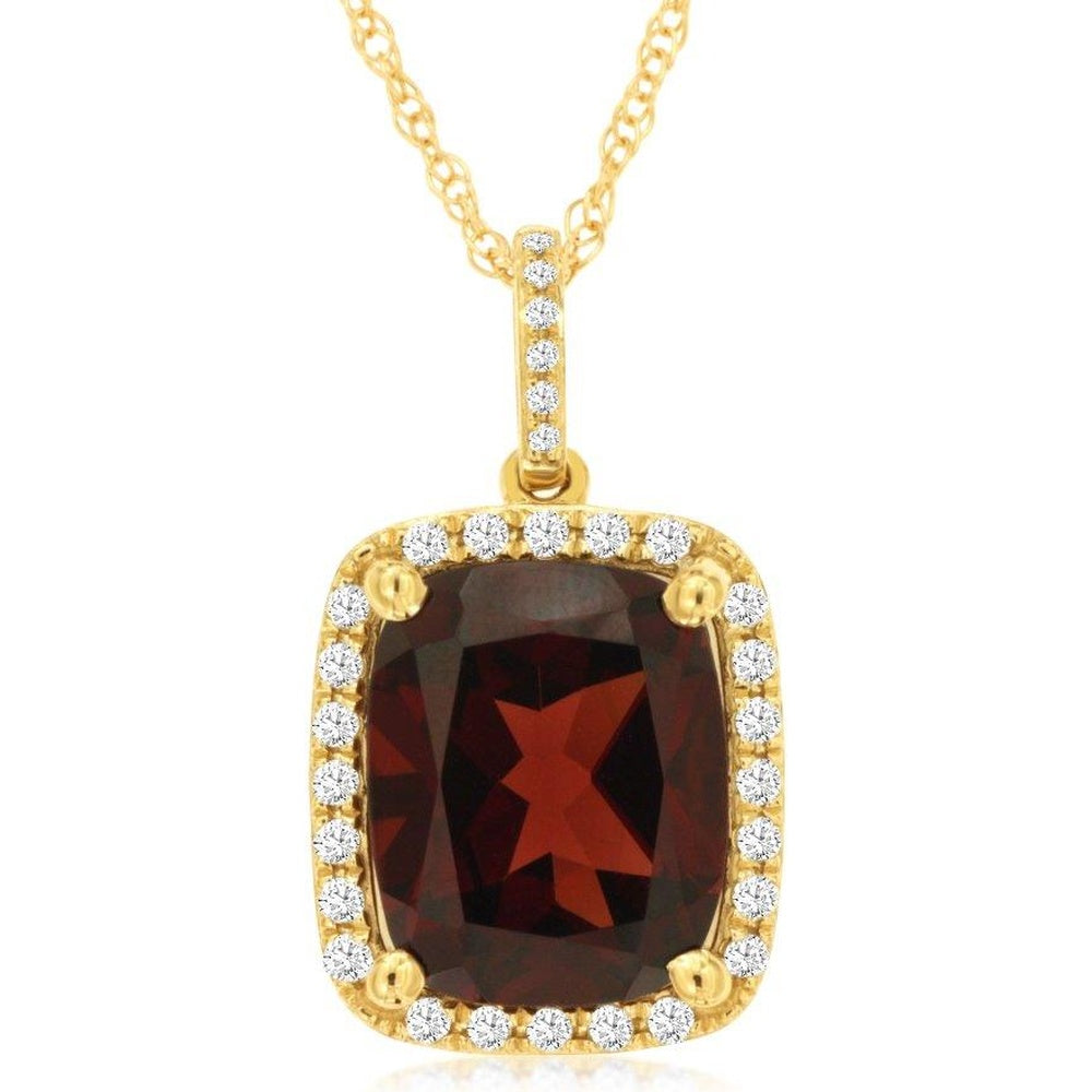 14K Yellow Gold Halo Pendant Necklace with Cushion-Cut Garnet and Pavé-Set Diamonds - 4.75 Carat Garnet and 0.22 Carat Total Diamond Weight - Royal Jewelry