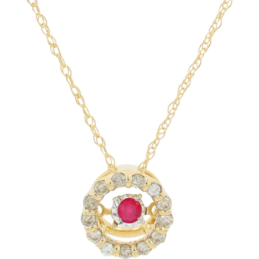14K Yellow Gold Halo Pendant Necklace with Dancing Round Ruby and Prong-Set Diamonds - 0.06 Carat Ruby and 0.12 Carat Total Diamond Weight