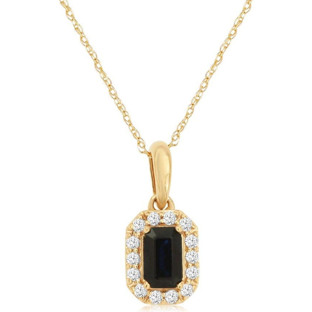 14K Yellow Gold Halo Pendant Necklace with Emerald-Cut Blue Sapphire and Round Diamond Accents - 0.37ct Sapphire and 0.10ct Total Diamond Weight - Royal Jewelry