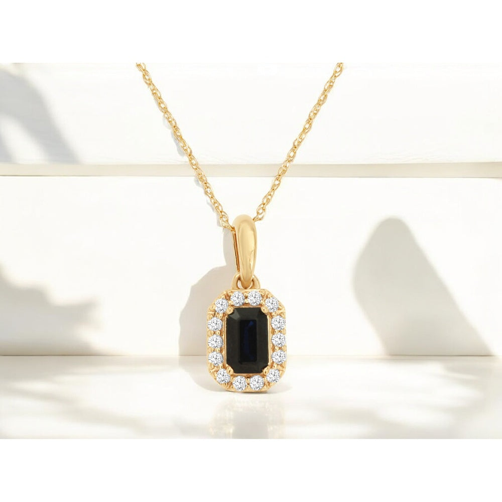 14K Yellow Gold Halo Pendant Necklace with Emerald-Cut Blue Sapphire and Round Diamond Accents - 0.37ct Sapphire and 0.10ct Total Diamond Weight - Royal Jewelry