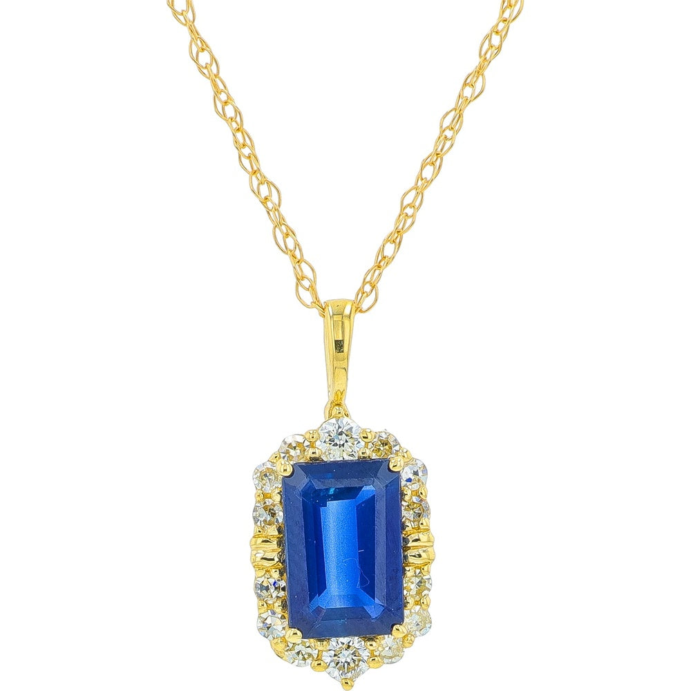 14K Yellow Gold Halo Pendant Necklace with Emerald-Cut Blue Sapphire and Round Diamonds - 0.70 Carat Total Diamond Weight