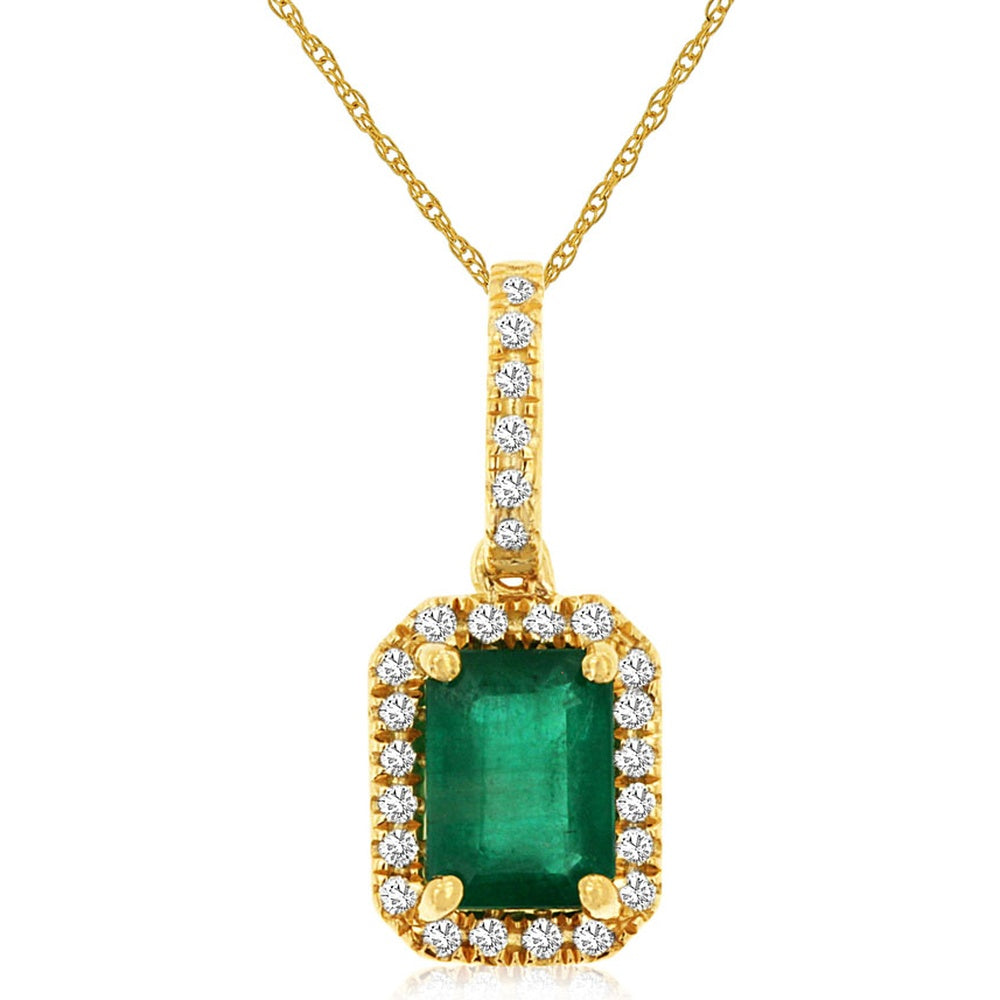 14K Yellow Gold Halo Pendant Necklace with Emerald Cut Emerald and Pavé Set Round Diamonds - 1.00 Carat Emerald and 0.13 Carat Total Diamond Weight - Royal Jewelry