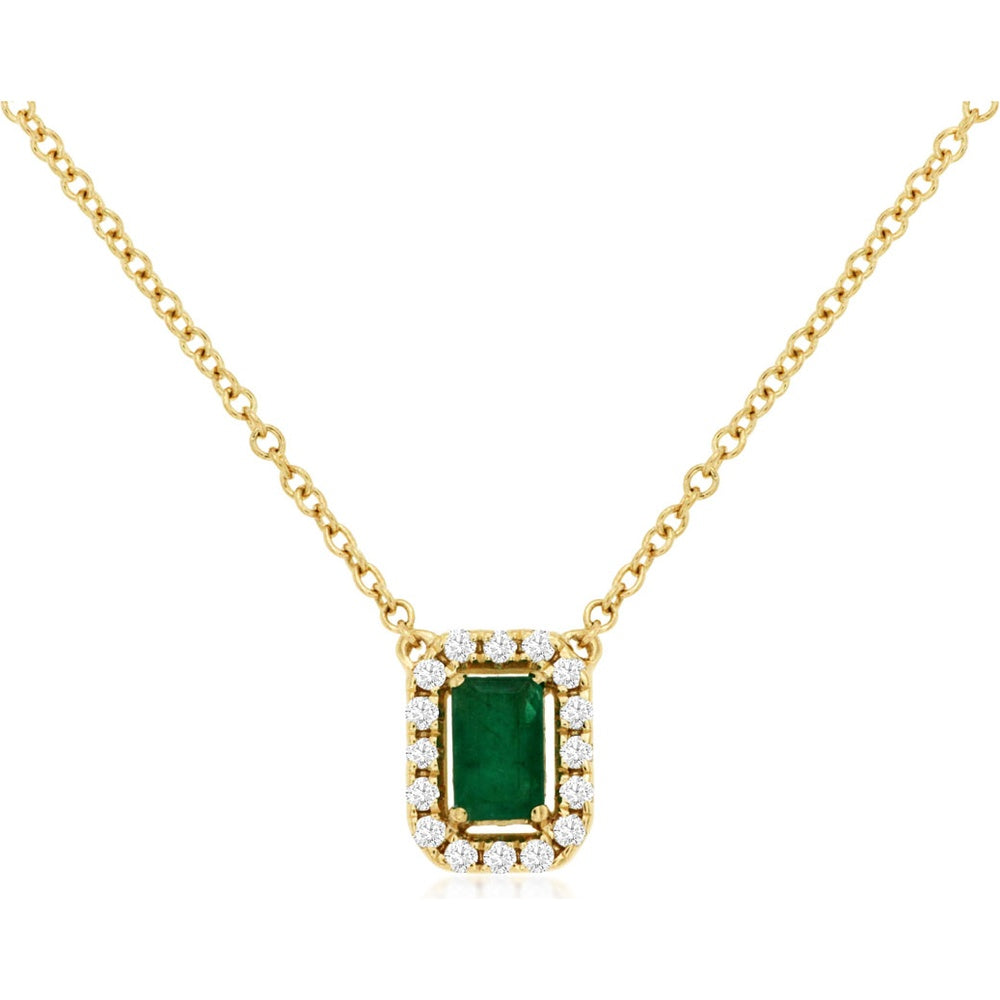 14K Yellow Gold Halo Pendant Necklace with Emerald-Cut Emerald and Round Diamonds - 0.28 Carat Emerald and 0.11 Carat Total Diamond Weight - Royal Jewelry