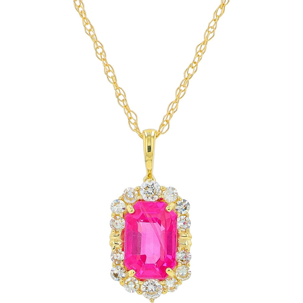 14K Yellow Gold Halo Pendant Necklace with Emerald-Cut Ruby and Round Diamond Accents - 0.55 to 0.70 Carat Total Diamond Weight