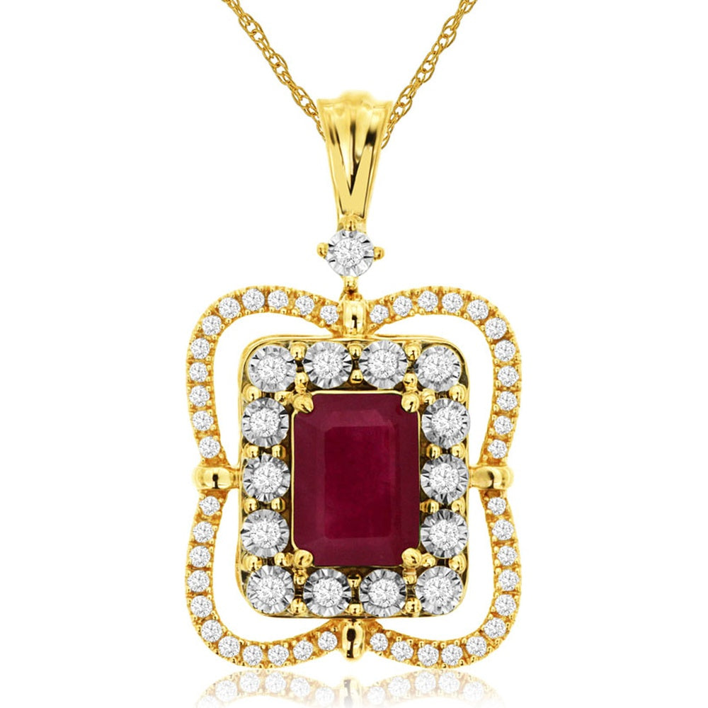 14K Yellow Gold Halo Pendant Necklace with Emerald-Cut Ruby and Round Diamond Accents - 1.10 Carat Ruby and 0.25 Carat Total Diamond Weight - Royal Jewelry