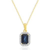 14K Yellow Gold Halo Pendant Necklace with Emerald Cut Sapphire and Round Diamonds - 0.70 Carat Sapphire and 0.09 Carat Total Diamond Weight - Royal Jewelry