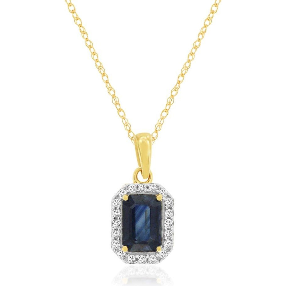 14K Yellow Gold Halo Pendant Necklace with Emerald Cut Sapphire and Round Diamonds - 0.70 Carat Sapphire and 0.09 Carat Total Diamond Weight - Royal Jewelry