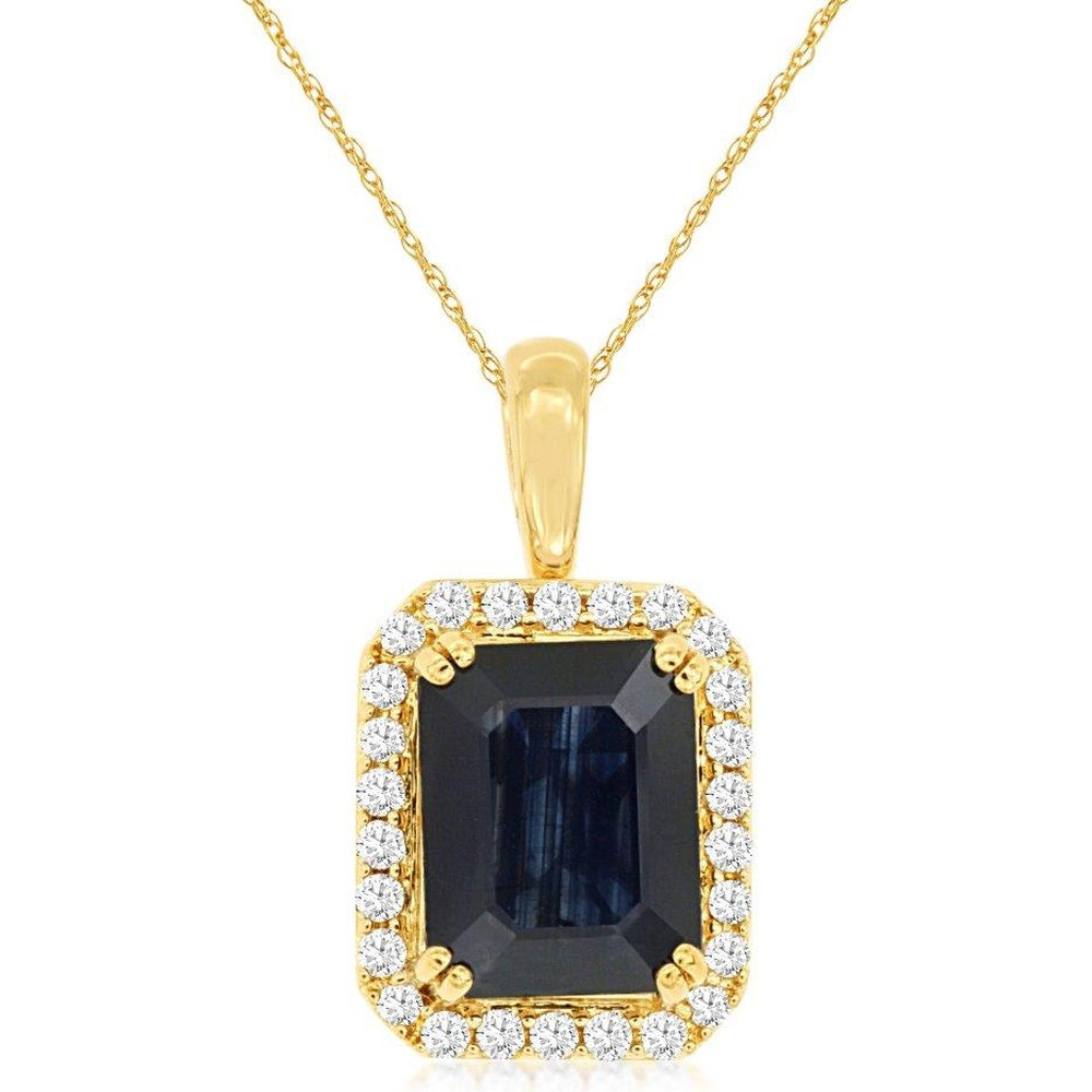14K Yellow Gold Halo Pendant Necklace with Emerald-Cut Sapphire and Round Diamonds - 2.30 Carat Sapphire and 0.20 Carat Total Diamond Weight - Royal Jewelry