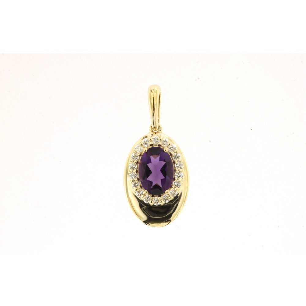 14K Yellow Gold Halo Pendant Necklace with Oval Amethyst and Round Diamonds - 0.70 Carat Amethyst and 0.15 Carat Total Diamond Weight - Royal Jewelry