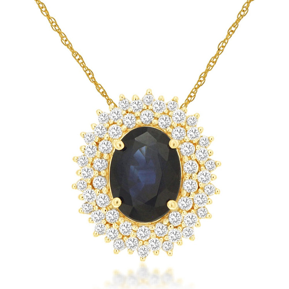 14K Yellow Gold Halo Pendant Necklace with Oval Blue Sapphire and Round Diamond Accents - 1.47 Carat Sapphire and 0.33 Carat Total Diamond Weight - Royal Jewelry