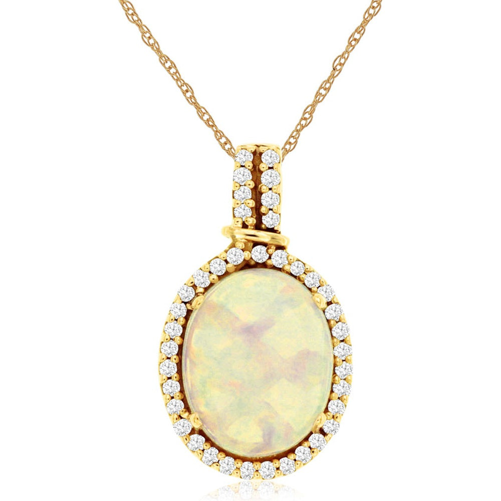 14K Yellow Gold Halo Pendant Necklace with Oval Cabochon Opal and Round Diamonds - 1.70 Carat Opal and 0.17 Carat Total Diamond Weight - Royal Jewelry