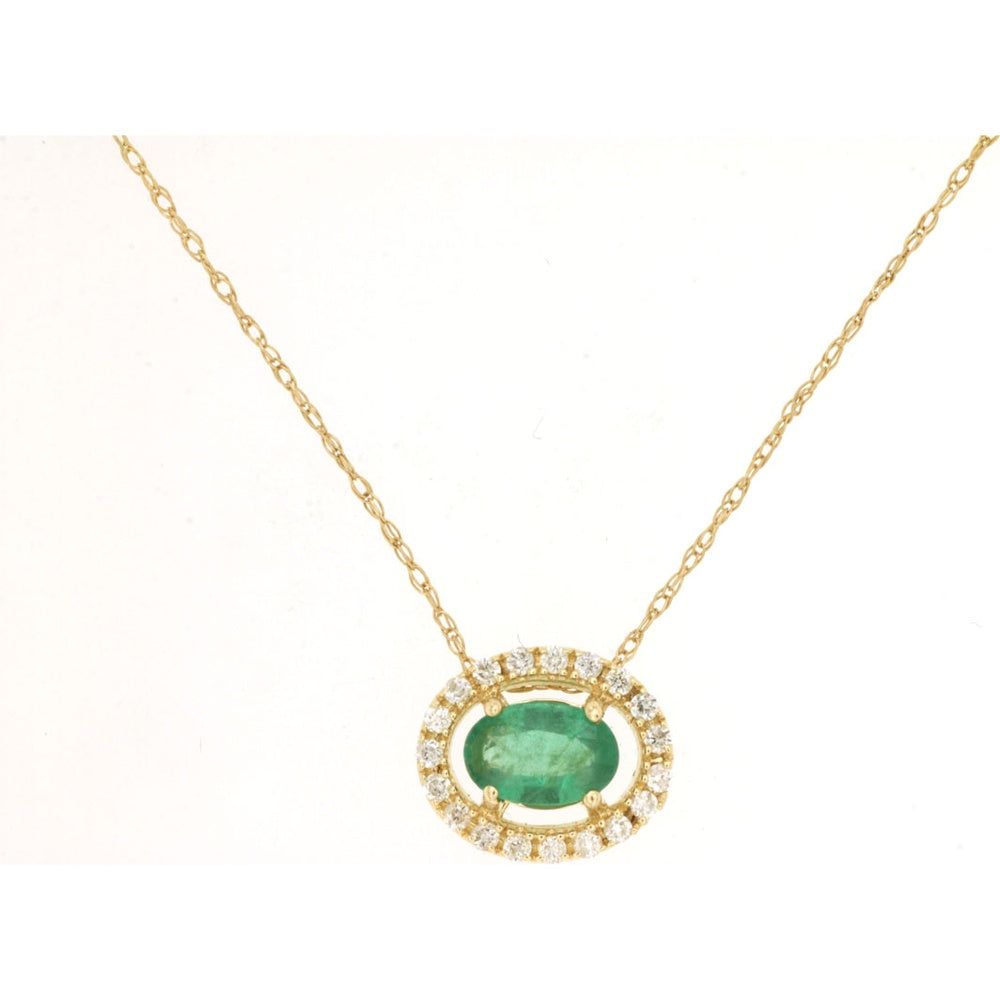 14K Yellow Gold Halo Pendant Necklace with Oval-Cut Emerald and Round Diamonds - 0.44 Carat Emerald and 0.12 Carat Diamond Total Weight - Royal Jewelry