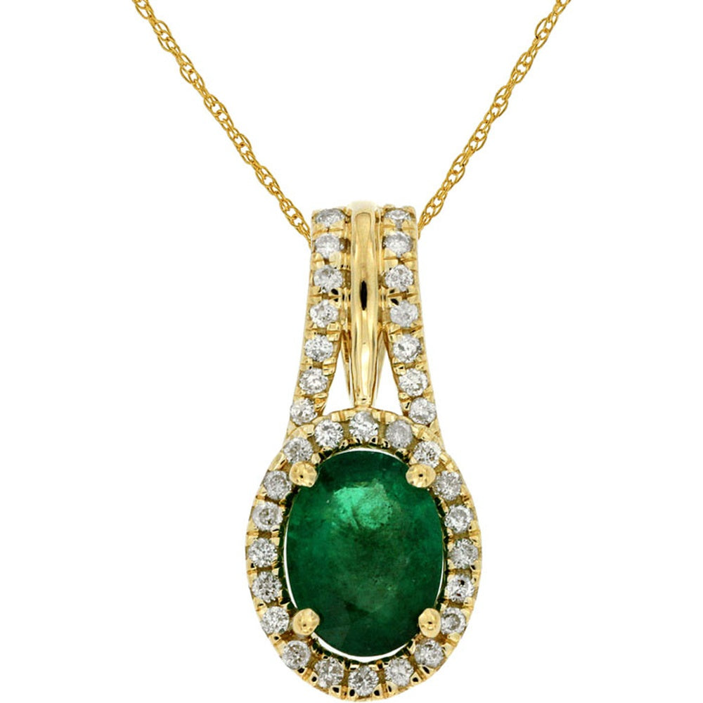 14K Yellow Gold Halo Pendant Necklace with Oval-Cut Emerald and Round Diamonds - 1.20 Carat Emerald and 0.24 Carat Total Diamond Weight - Royal Jewelry