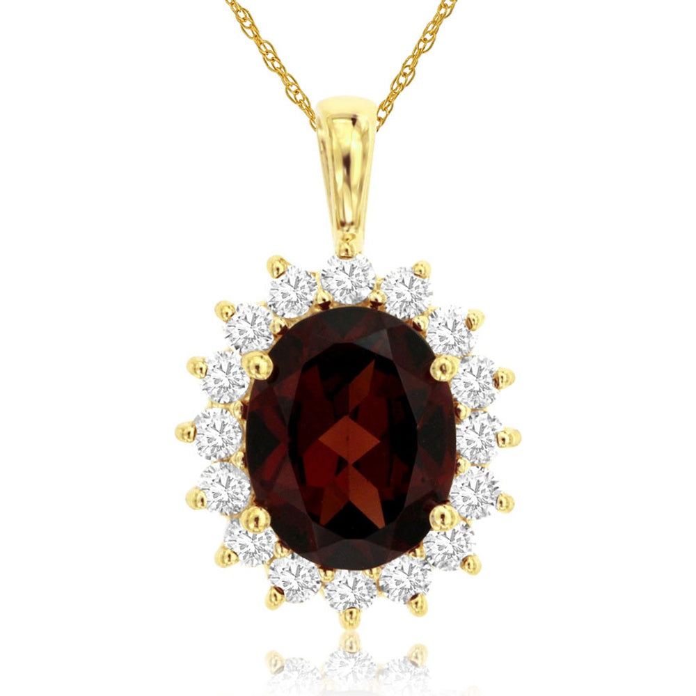 14K Yellow Gold Halo Pendant Necklace with Oval Cut Garnet and Round Diamond Accents - 2.75 Carat Garnet and 0.65 Carat Total Diamond Weight - Royal Jewelry