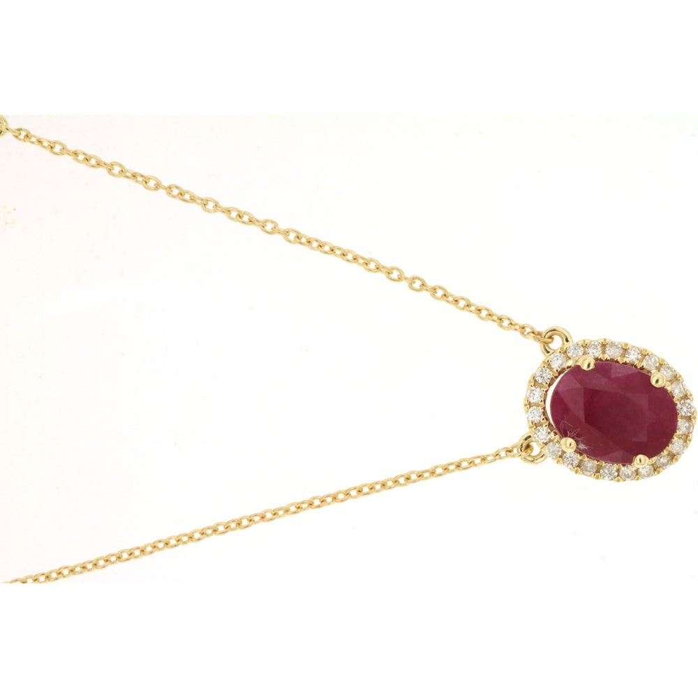 14K Yellow Gold Halo Pendant Necklace with Oval-Cut Ruby and Round Diamonds - 1.23 Carat Ruby and 0.27 Carat Total Diamond Weight - Royal Jewelry