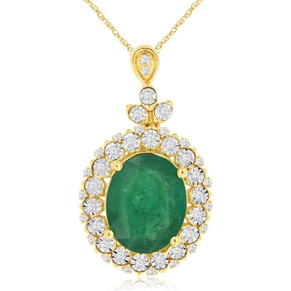 14K Yellow Gold Halo Pendant Necklace with Oval Emerald and Round Diamond Accents - 4.75 Carat Emerald and 0.25 Carat Total Diamond Weight - Royal Jewelry