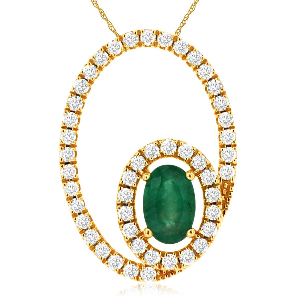 14K Yellow Gold Halo Pendant Necklace with Oval Emerald and Round Diamonds - 0.44 Carat Emerald and 0.33 Carat Total Diamond Weight - Royal Jewelry