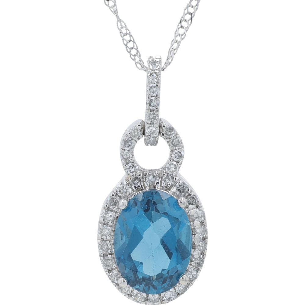 14K Yellow Gold Halo Pendant Necklace with Oval London Blue Topaz and Round Diamond Accents - 1.40 Carat Total Gemstone Weight