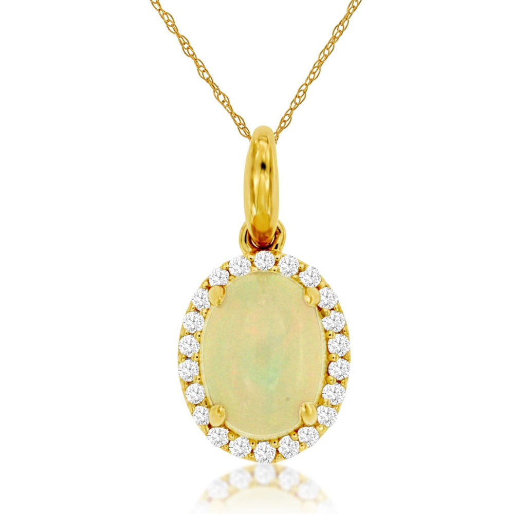 14K Yellow Gold Halo Pendant Necklace with Oval Opal and Prong-Set Round Diamonds - 0.90 Carat Opal and 0.14 Carat Total Diamond Weight - Royal Jewelry