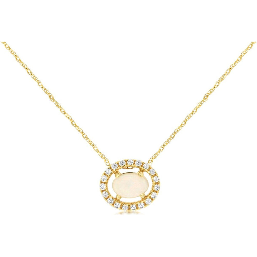 14K Yellow Gold Halo Pendant Necklace with Oval Opal and Round Diamonds - 0.30 Carat Opal and 0.12 Carat Total Diamond Weight - Royal Jewelry