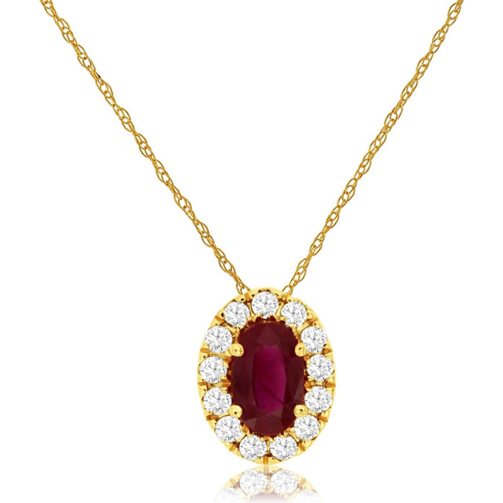 14K Yellow Gold Halo Pendant Necklace with Oval Ruby and Round Diamonds - 0.22 Carat Ruby and 0.10 Carat Diamond Total Weight - Royal Jewelry