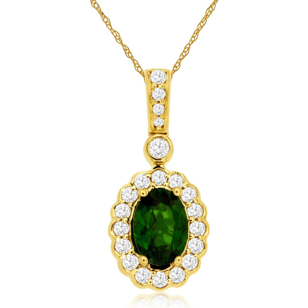 14K Yellow Gold Halo Pendant Necklace with Oval Russalite and Round Diamonds - 0.95 Carat Russalite and 0.25 Carat Total Diamond Weight - Royal Jewelry