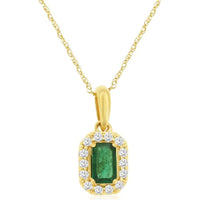 14K Yellow Gold Halo Pendant Necklace with Rectangular Emerald and Round Diamond Accents - 0.28 Carat Emerald and 0.10 Carat Total Diamond Weight - Royal Jewelry