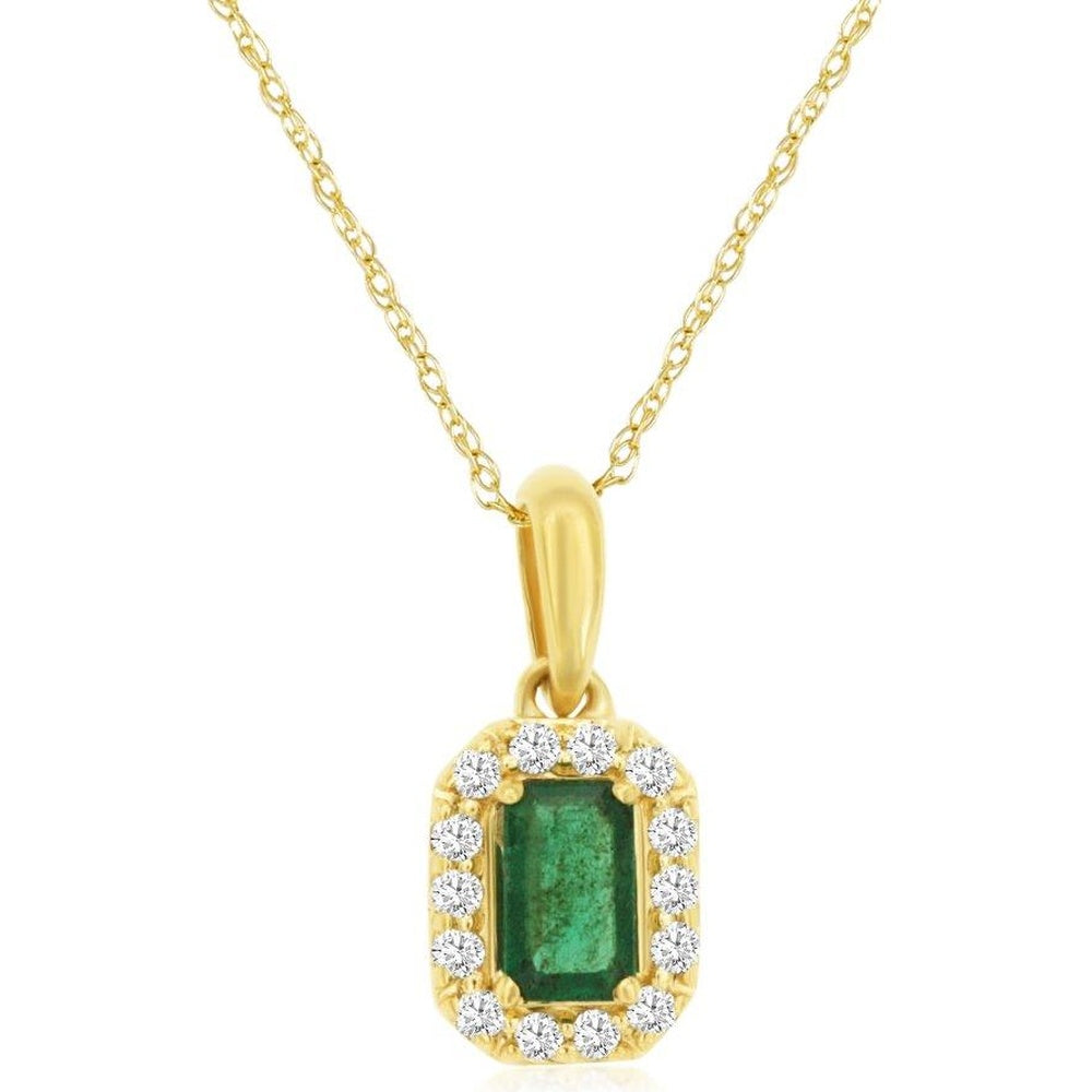 14K Yellow Gold Halo Pendant Necklace with Rectangular Emerald and Round Diamond Accents - 0.28 Carat Emerald and 0.10 Carat Total Diamond Weight - Royal Jewelry