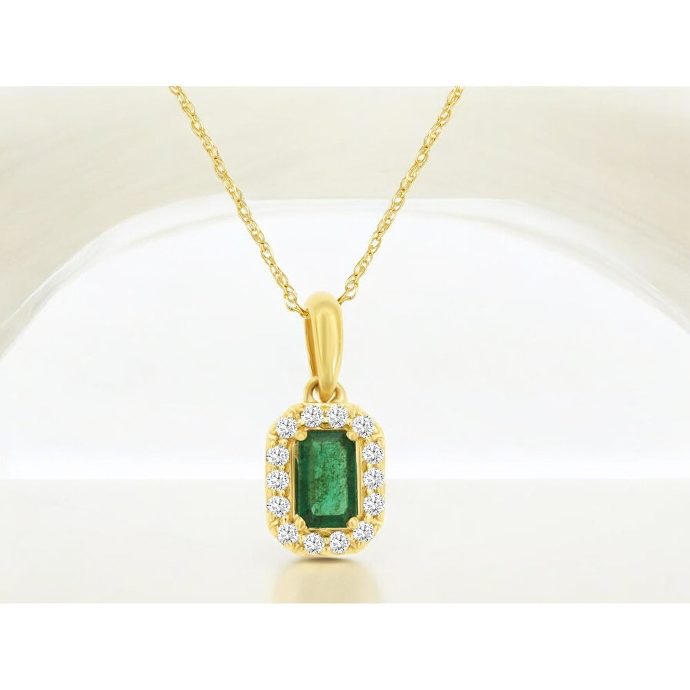 14K Yellow Gold Halo Pendant Necklace with Rectangular Emerald and Round Diamond Accents - 0.28 Carat Emerald and 0.10 Carat Total Diamond Weight - Royal Jewelry