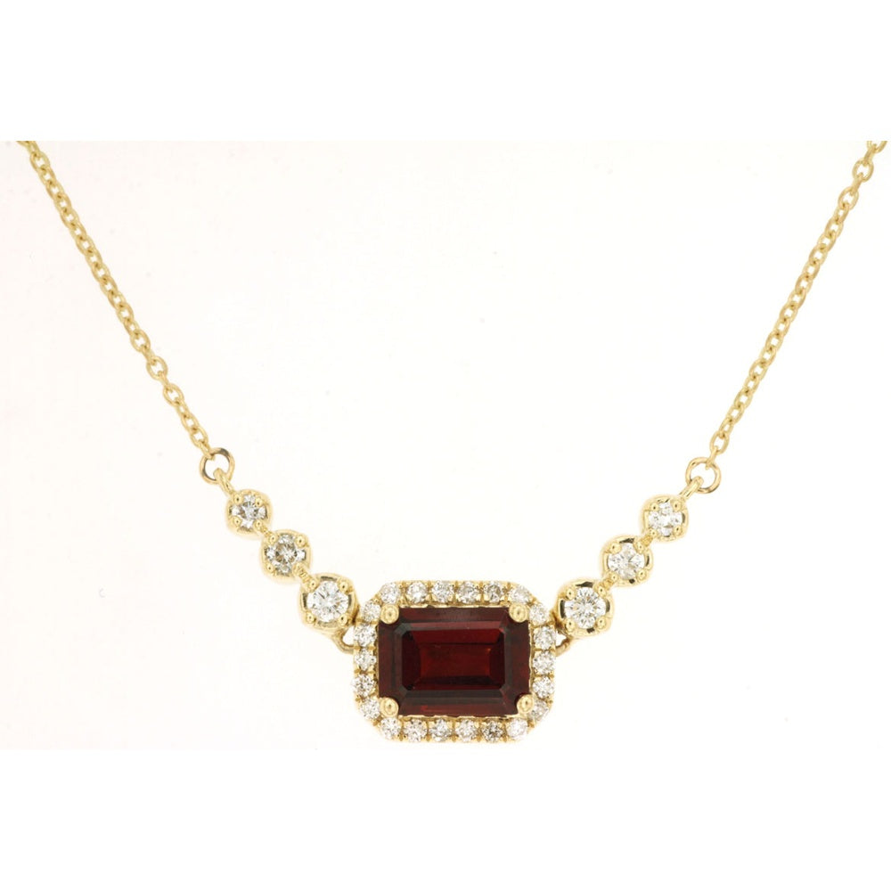 14K Yellow Gold Halo Pendant Necklace with Rectangular Garnet and Station-Set Round Diamonds - 1.20 Carat Garnet and 0.25 Carat Total Diamond Weight - Royal Jewelry