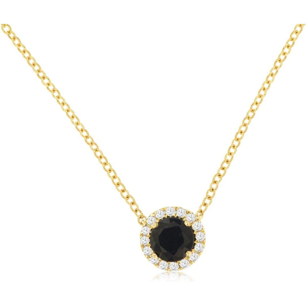 14K Yellow Gold Halo Pendant Necklace with Round Black Sapphire and 0.10ctw Diamonds - 0.65ctw Sapphire - Royal Jewelry