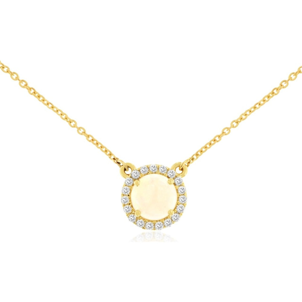 14K Yellow Gold Halo Pendant Necklace with Round Cabochon Opal and 0.27 Carat Total Weight Brilliant Diamonds - Royal Jewelry