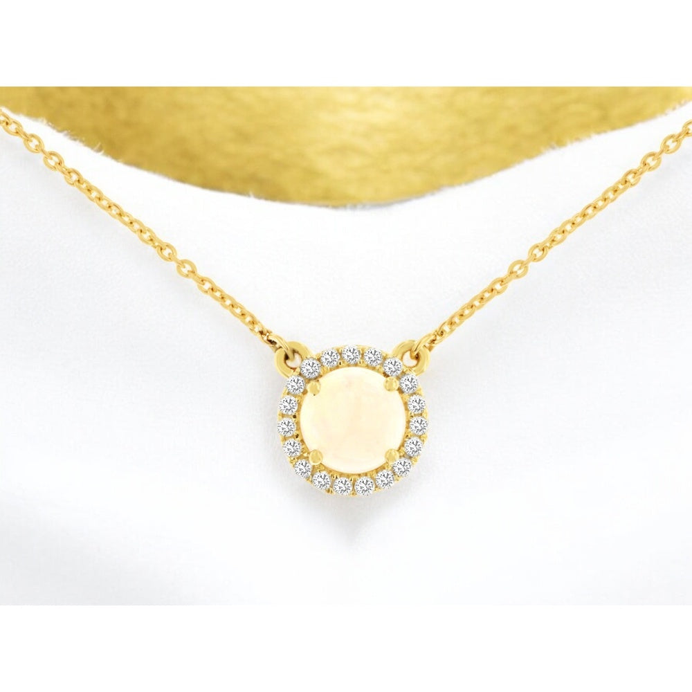 14K Yellow Gold Halo Pendant Necklace with Round Cabochon Opal and 0.27 Carat Total Weight Brilliant Diamonds - Royal Jewelry