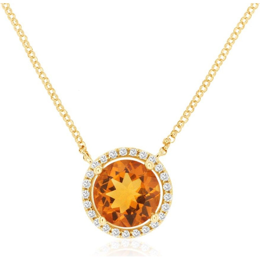 14K Yellow Gold Halo Pendant Necklace with Round Citrine and Diamond Accents - 1.8 Carat Citrine and 0.14 Carat Total Diamond Weight - Royal Jewelry