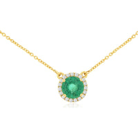 14K Yellow Gold Halo Pendant Necklace with Round Emerald and Diamond Accents - 0.90 Carat Emerald and 0.27 Carat Total Diamond Weight - Royal Jewelry
