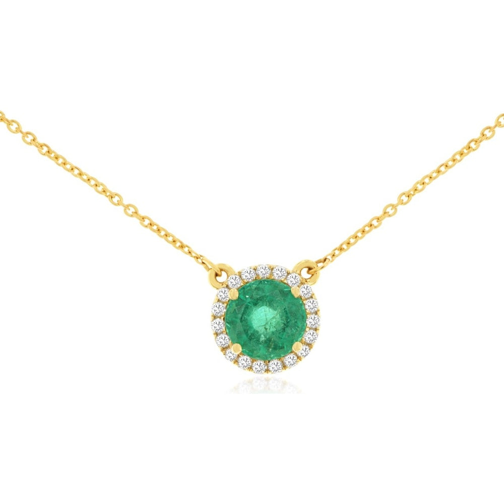 14K Yellow Gold Halo Pendant Necklace with Round Emerald and Diamond Accents - 0.90 Carat Emerald and 0.27 Carat Total Diamond Weight - Royal Jewelry