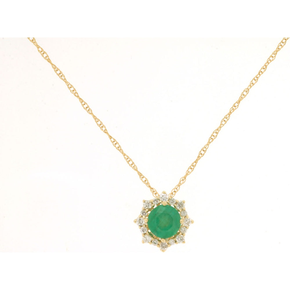 14K Yellow Gold Halo Pendant Necklace with Round Emerald and Pavé-Set Diamonds - 0.34 Carat Emerald and 0.10 Carat Total Diamond Weight - Royal Jewelry
