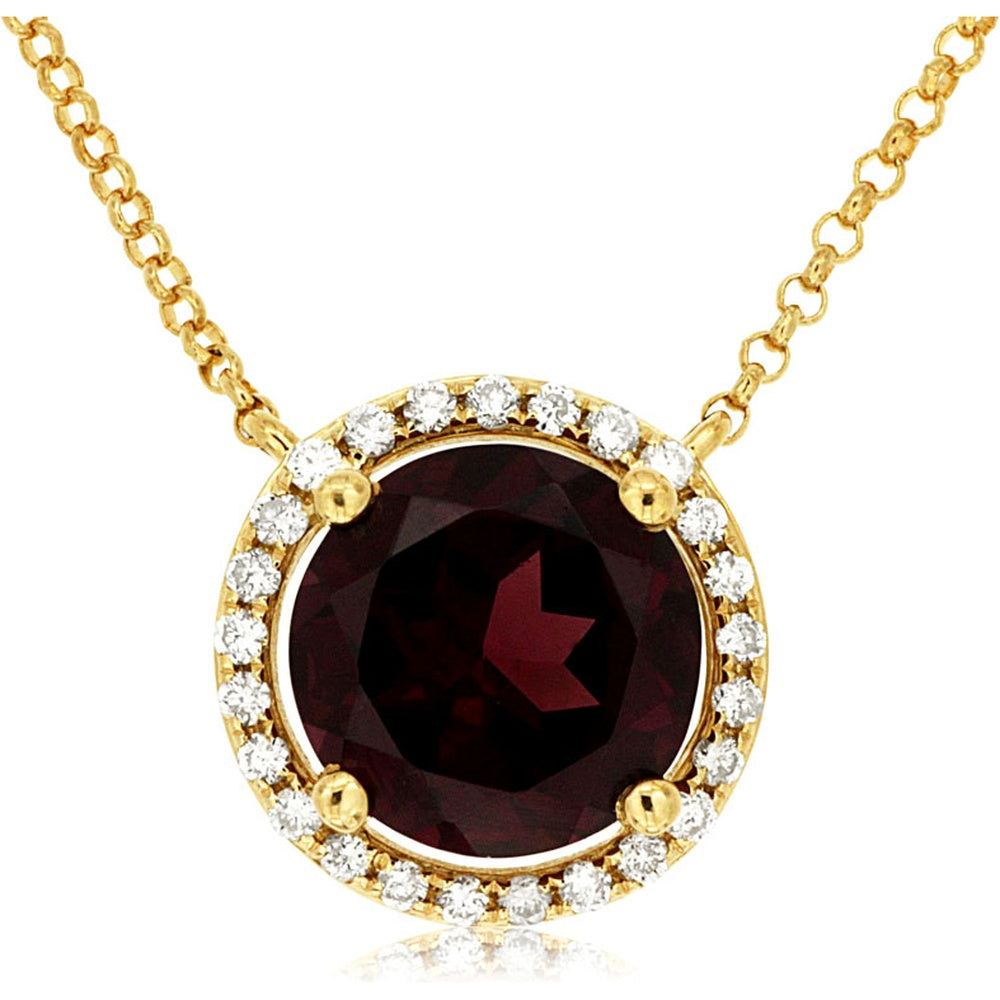 14K Yellow Gold Halo Pendant Necklace with Round Rhodolite and Accent Diamonds - 2.00 Carat Rhodolite and 0.14 Carat Diamond Total Weight - Royal Jewelry