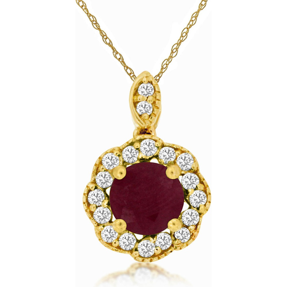 14K Yellow Gold Halo Pendant Necklace with Round Ruby and Diamond Accents - 0.77 Carat Ruby and 0.16 Carat Total Diamond Weight - Royal Jewelry