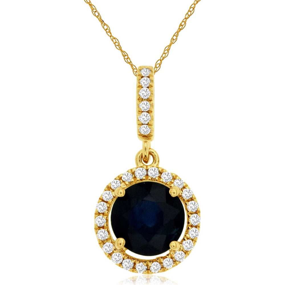 14K Yellow Gold Halo Pendant Necklace with Round Sapphire and Diamond Accents - 1.12 Carat Sapphire and 0.11 Carat Total Diamond Weight - Royal Jewelry