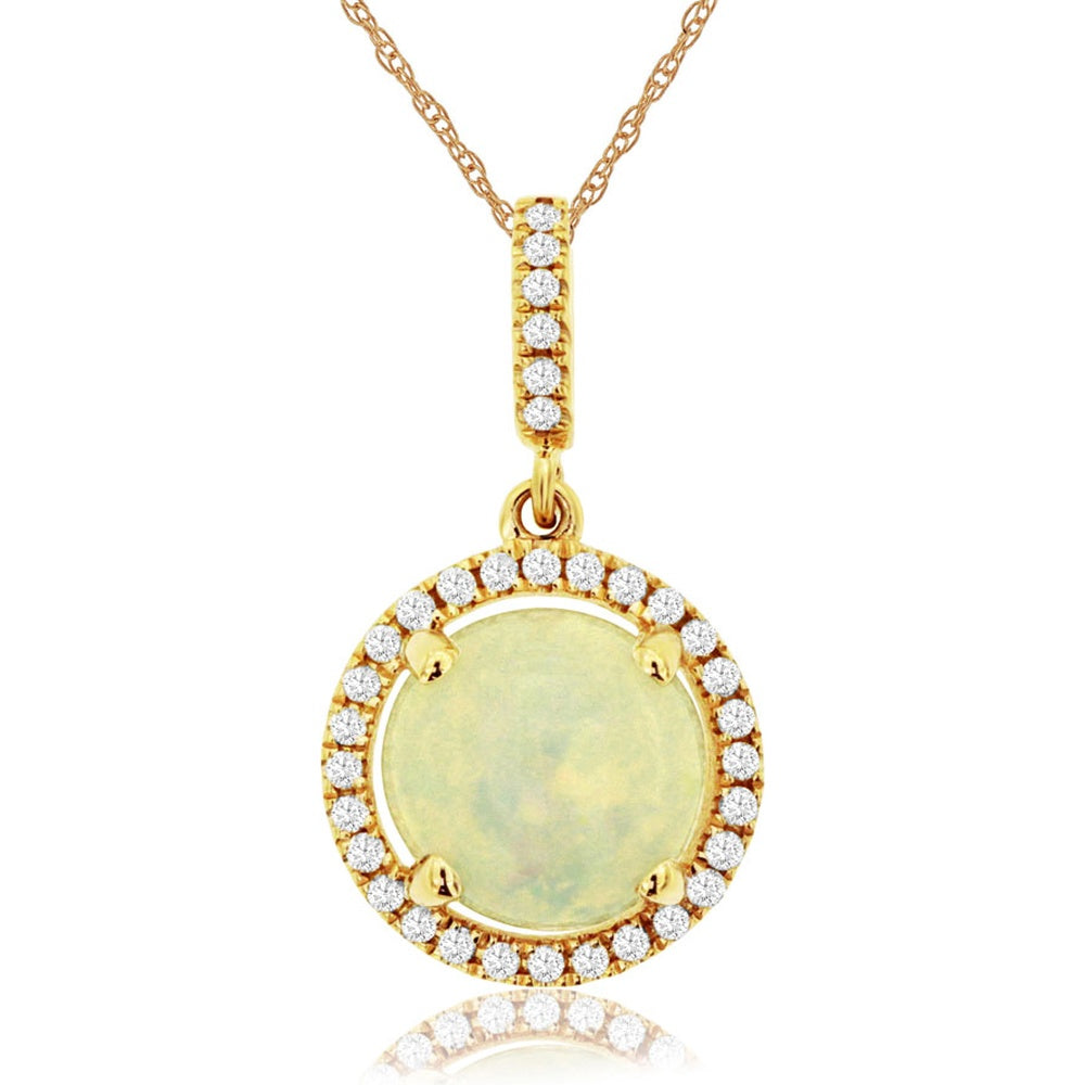 14K Yellow Gold Halo Pendant with 1.20 Carat Round Opal and 0.13 Carat Round Diamond Accents - Royal Jewelry
