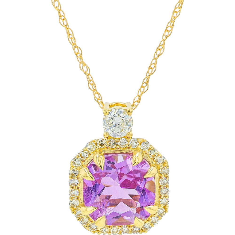 14K Yellow Gold Halo Pendant with Cushion-Cut Amethyst and Pavé-Set Round Diamonds - 1.40 Carat Amethyst with 0.22 Carat Total Diamond Weight