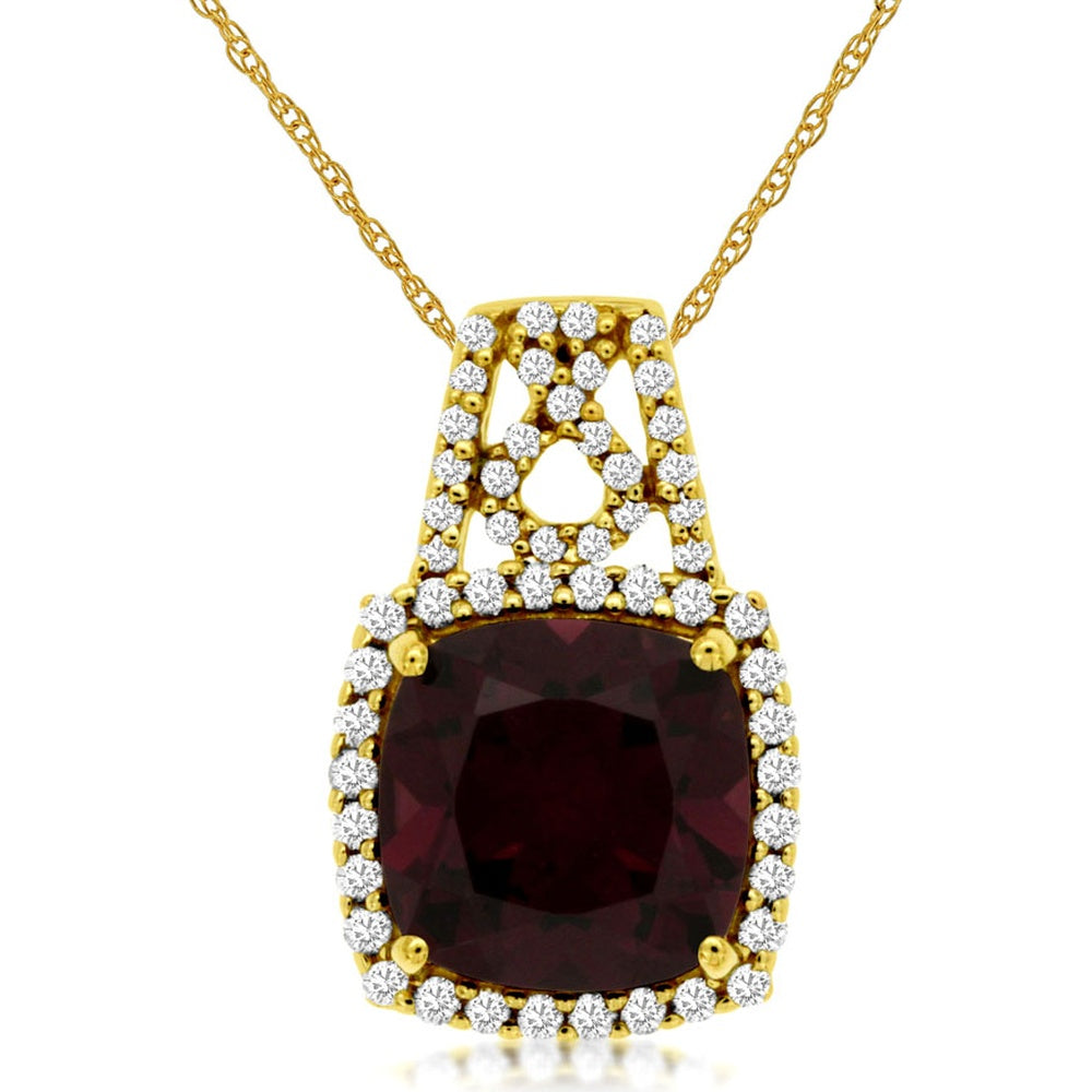14K Yellow Gold Halo Pendant with Cushion Cut Garnet and Round Diamond Accents - 2.75 Carat Garnet and 0.23 Carat Total Diamond Weight - Royal Jewelry