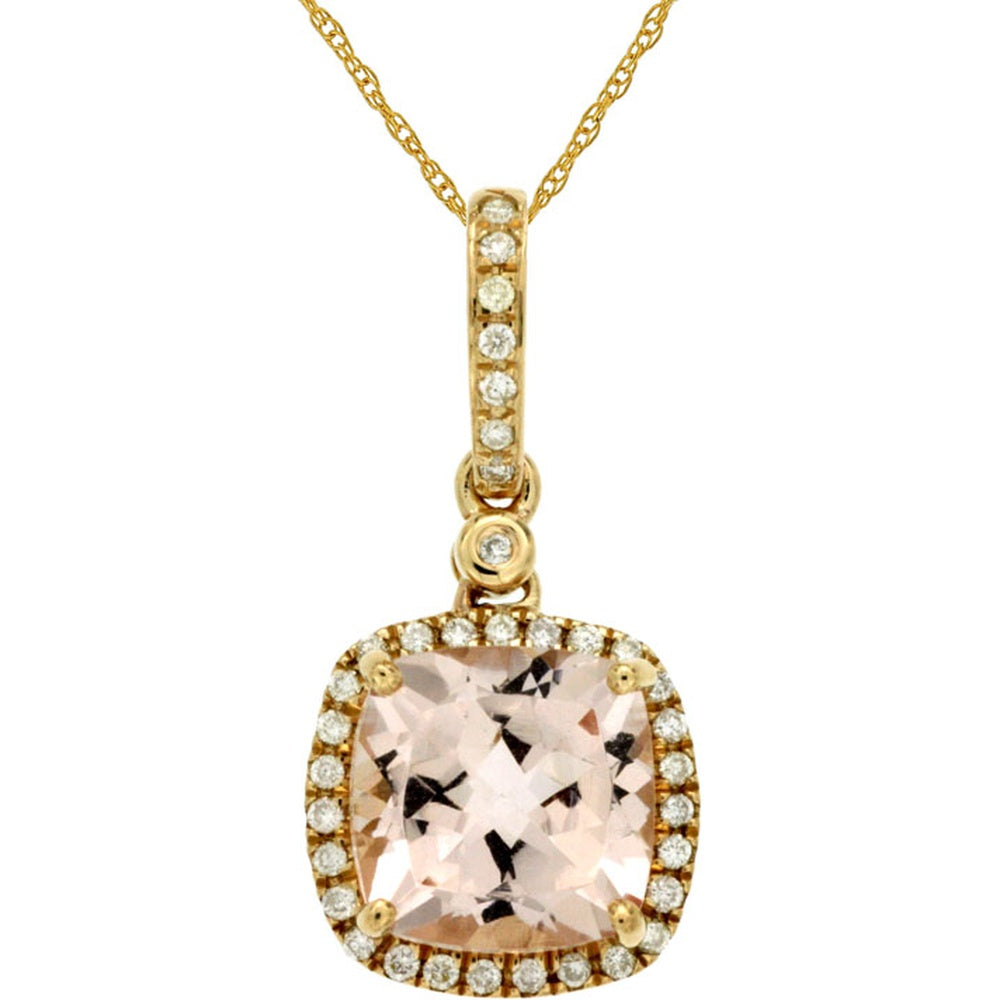 14K Yellow Gold Halo Pendant with Cushion-Cut Morganite and Round Diamonds - 2.00 Carat Morganite and 0.14 Carat Total Diamond Weight - Royal Jewelry