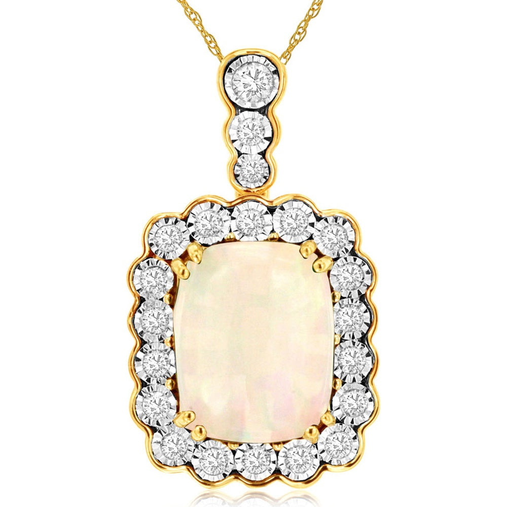 14K Yellow Gold Halo Pendant with Cushion-Cut Opal and Round Diamond Accents - 1.75 Carat Opal and 0.25 Carat Total Diamond Weight - Royal Jewelry