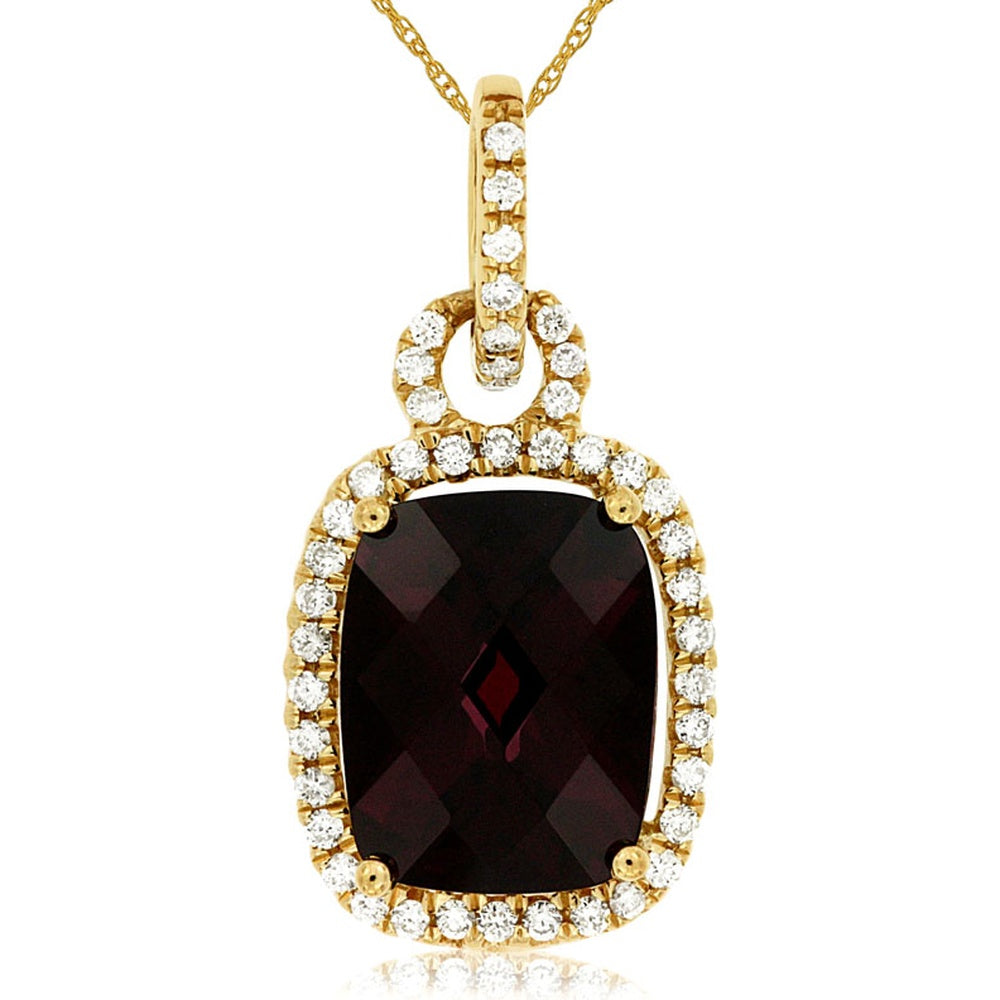 14K Yellow Gold Halo Pendant with Cushion Cut Rhodolite and Round Diamonds - 4.90 Carat Rhodolite and 0.30 Carat Diamond Total Weight - Royal Jewelry