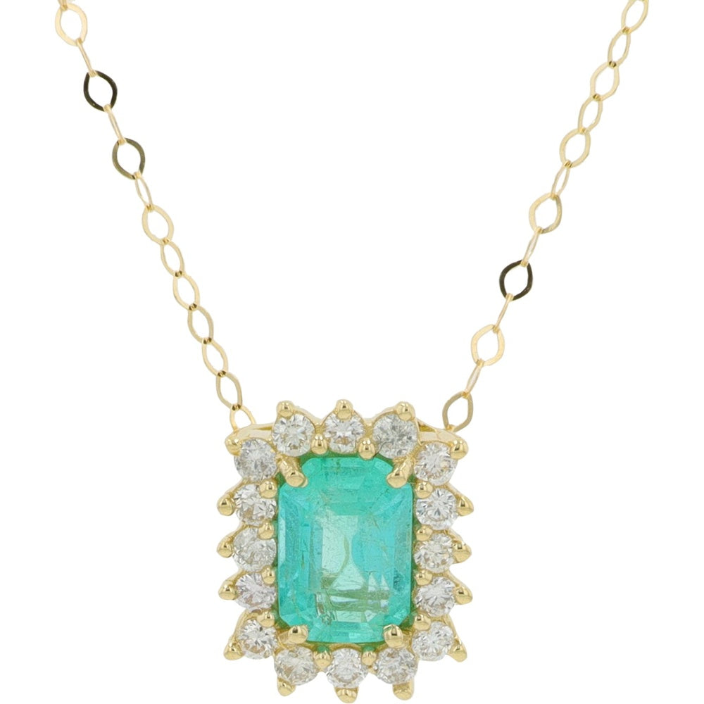 14K Yellow Gold Halo Pendant with Emerald Cut Emerald and Round Diamonds - 0.60 Carat Emerald Total Weight and 0.17 Carat Diamond Total Weight